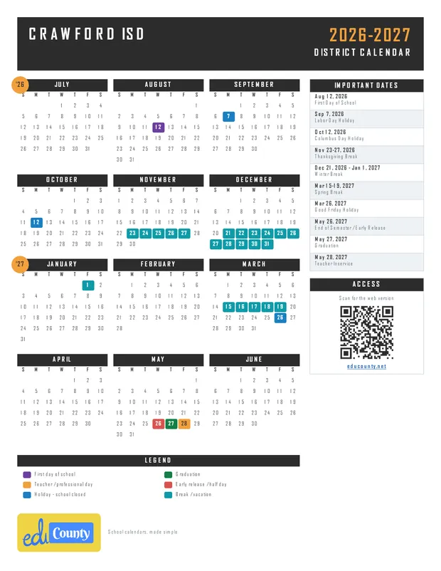Crawford ISD printable 2026-27 calendar