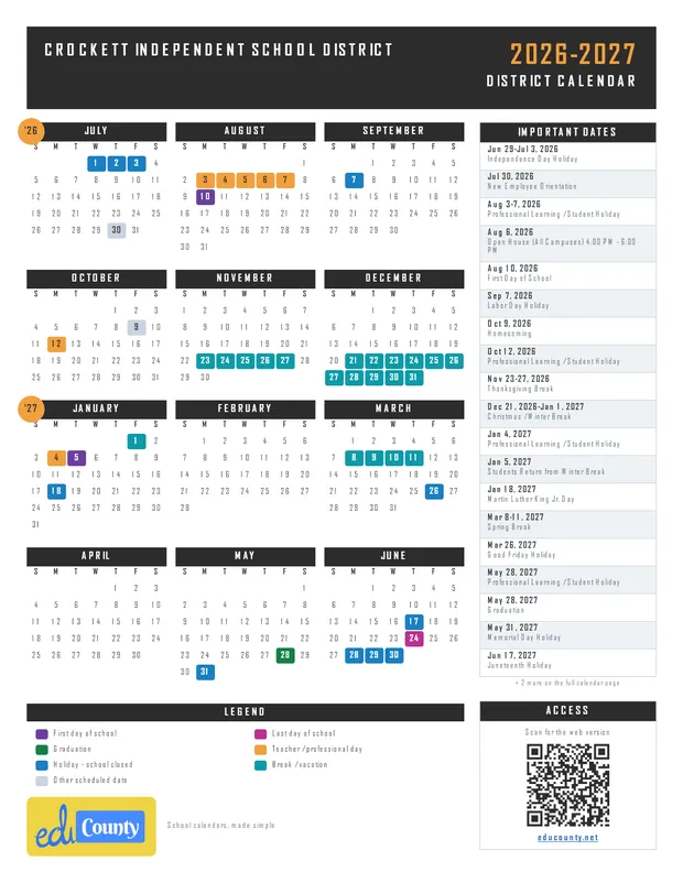 Crockett Independent School District printable 2026-27 calendar