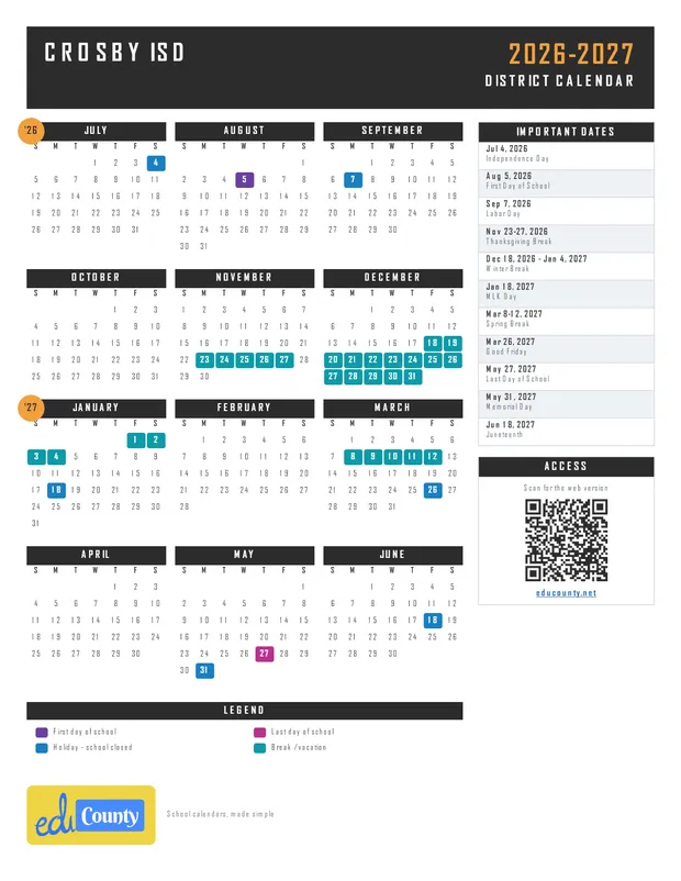 Crosby Independent School District ISD printable 2026-27 calendar
