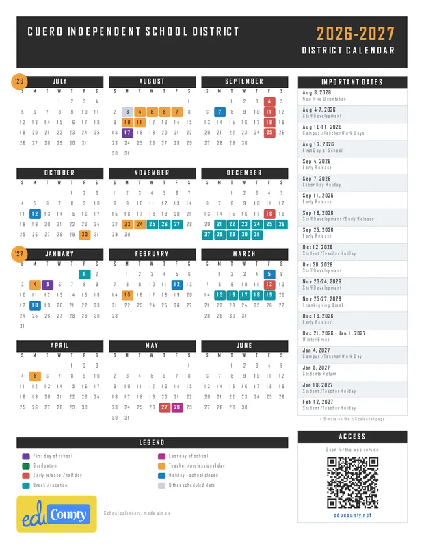 CUERO INDEPENDENT SCHOOL DISTRICT printable 2026-27 calendar
