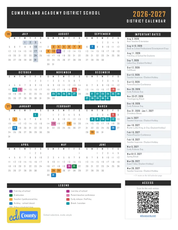 Cumberland Academy District School printable 2026-27 calendar
