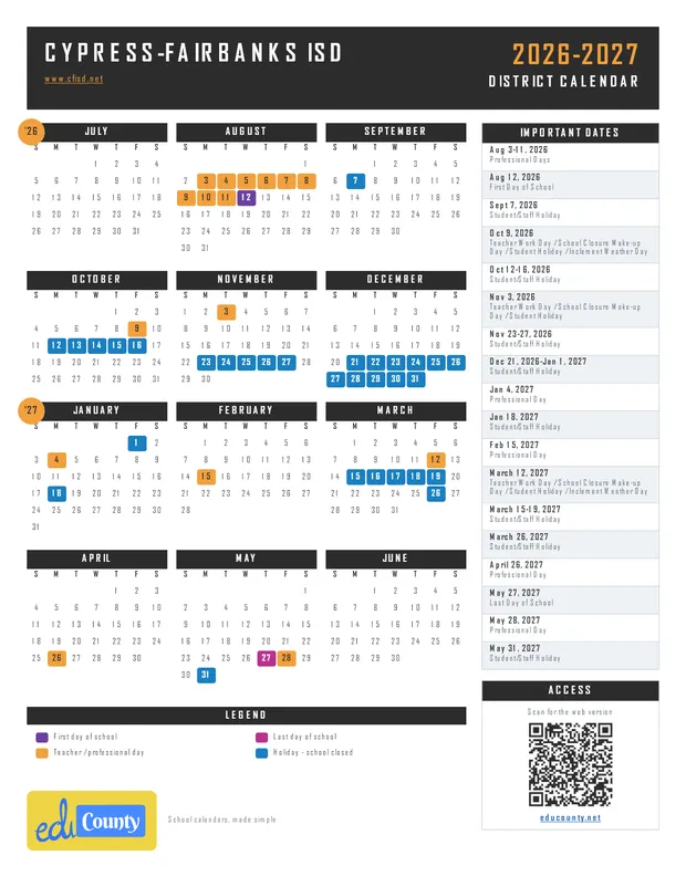 Cypress-Fairbanks ISD CFISD printable 2026-27 calendar
