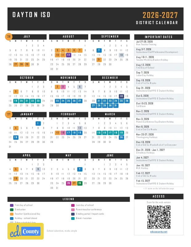 Dayton ISD Independent School District printable 2026-27 calendar