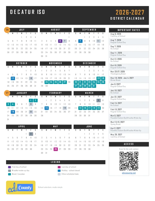 Decatur ISD printable 2026-27 calendar
