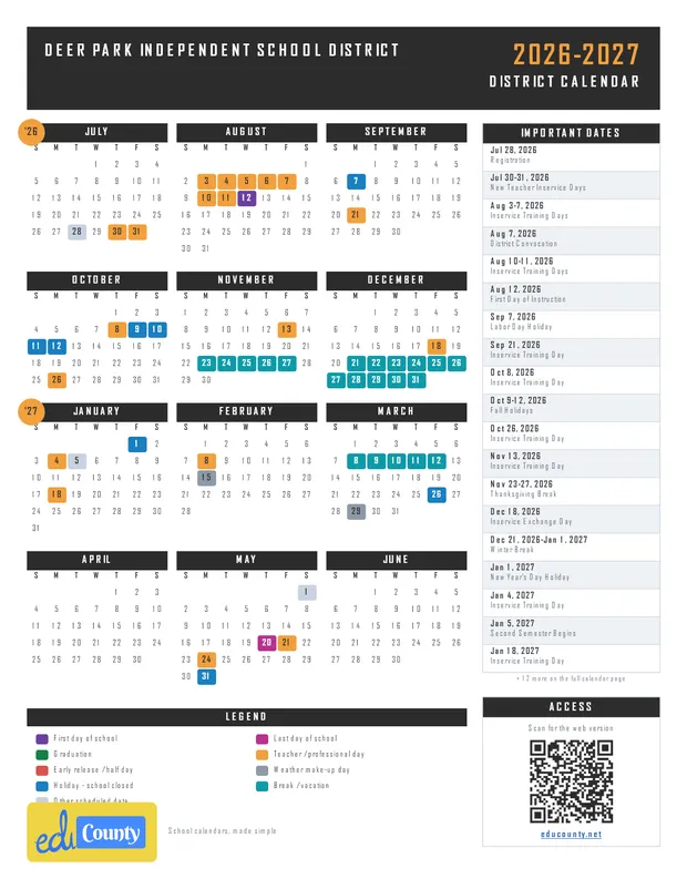 Deer Park Independent School District printable 2026-27 calendar