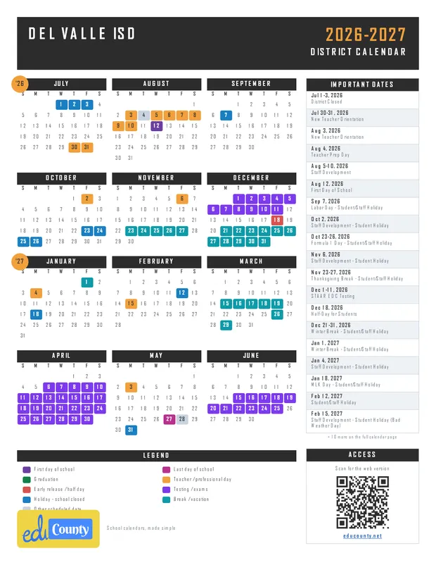 Del Valle ISD printable 2026-27 calendar
