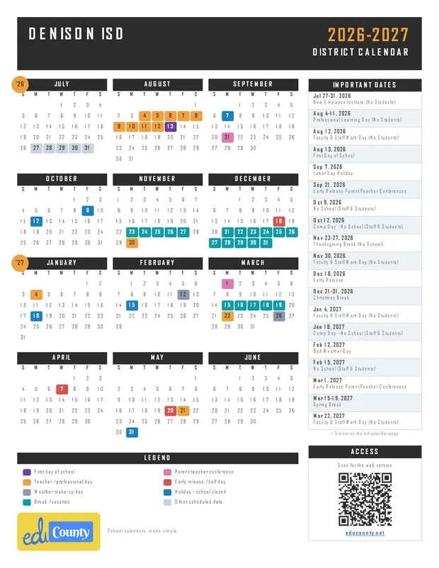 Denison ISD printable 2026-27 calendar