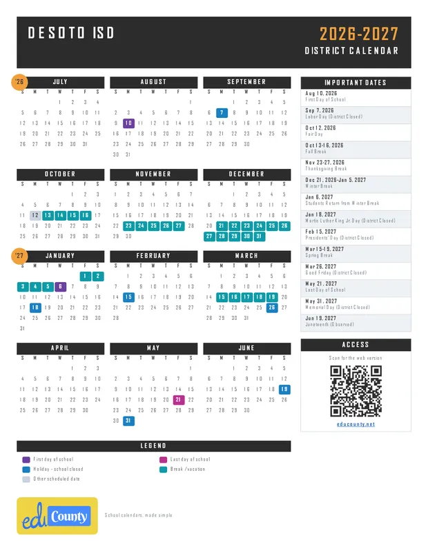DeSoto ISD printable 2026-27 calendar