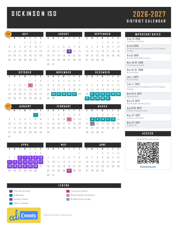 Dickinson Independent School District ISD printable 2026-27 calendar