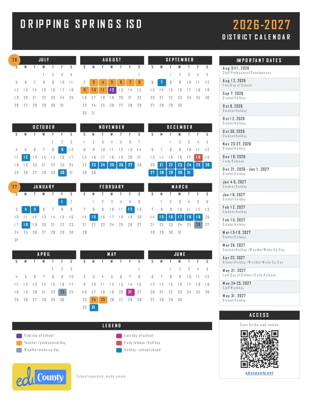 Dripping Springs ISD printable 2026-27 calendar