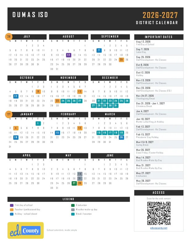 Dumas Independent School District ISD printable 2026-27 calendar