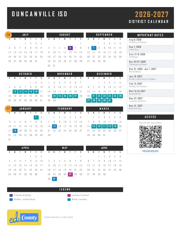 Duncanville Independent School District ISD printable 2026-27 calendar