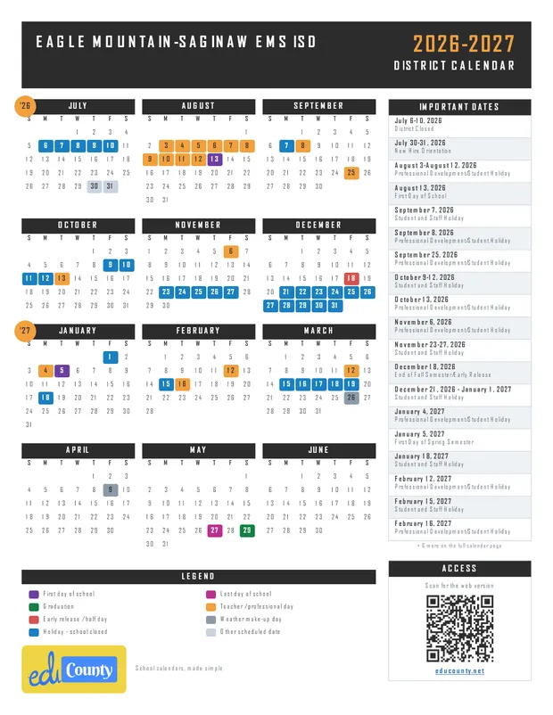 Eagle Mountain-Saginaw EMS ISD printable 2026-27 calendar