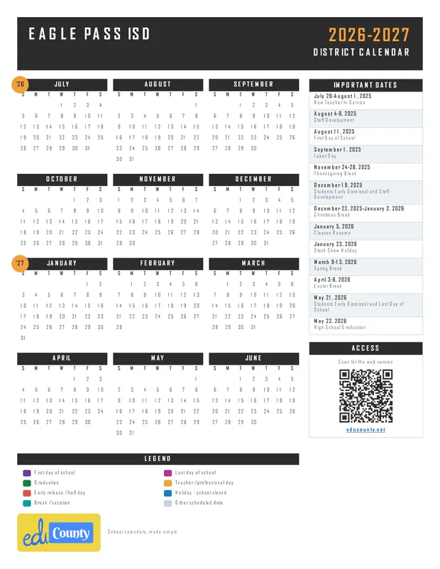 Eagle Pass ISD 25-26 printable 2026-27 calendar