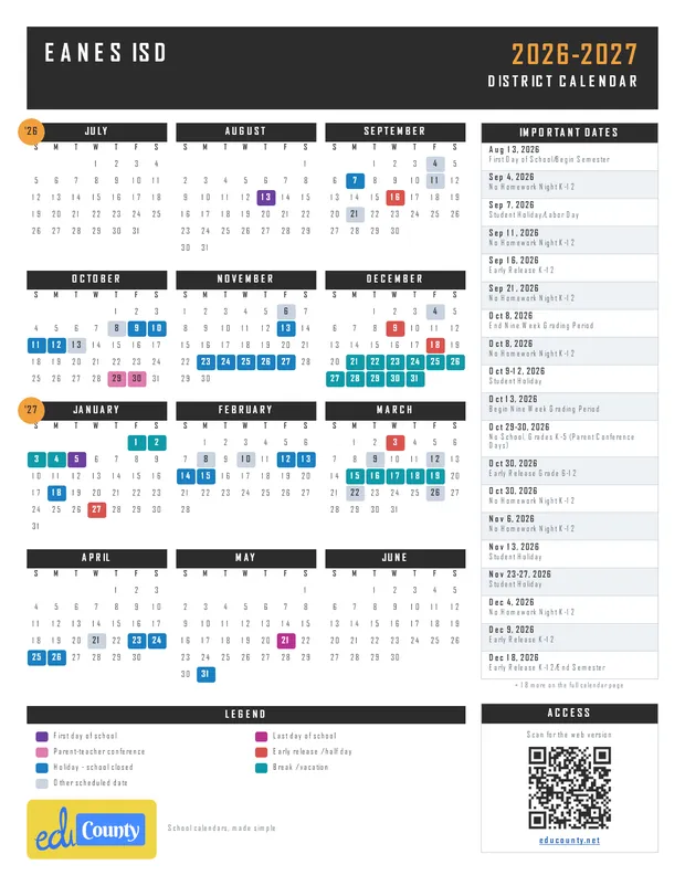 Eanes ISD printable 2026-27 calendar