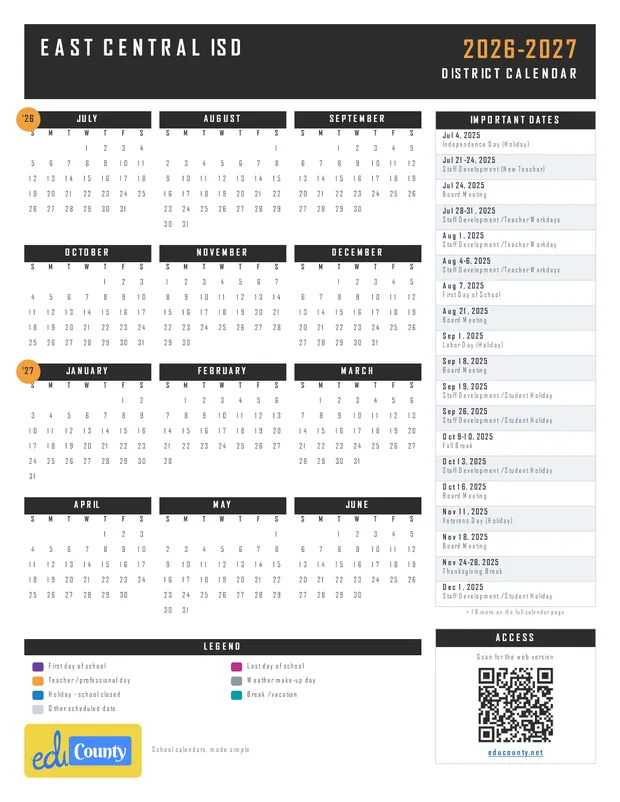 East Central ISD printable 2026-27 calendar