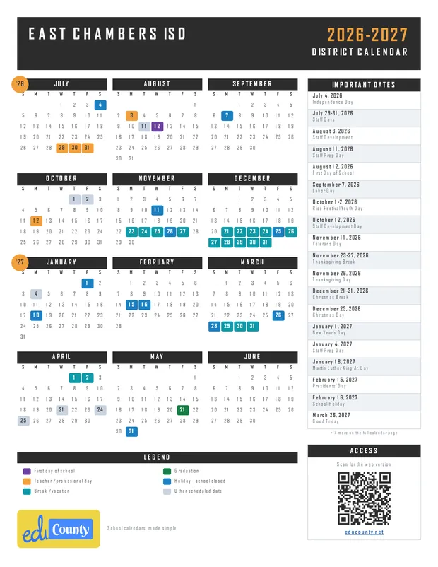 East Chambers ISD printable 2026-27 calendar