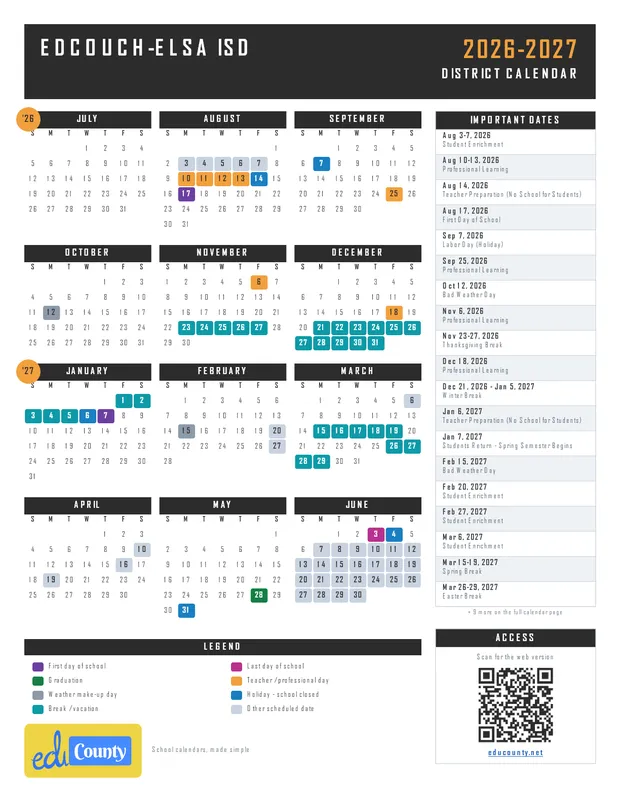 Edcouch-Elsa ISD printable 2026-27 calendar