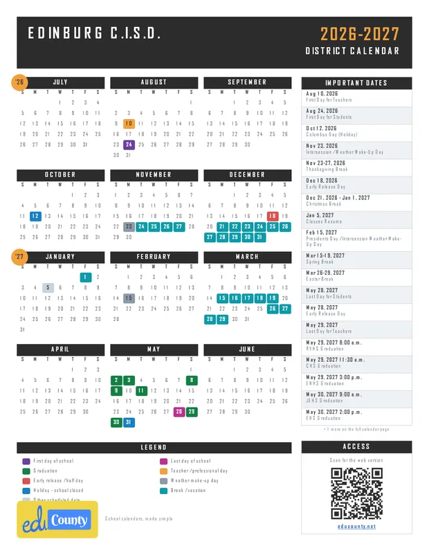 EDINBURG C.I.S.D. printable 2026-27 calendar