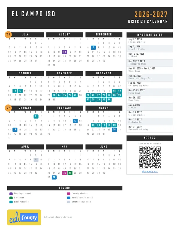 El Campo ISD Independent School District printable 2026-27 calendar
