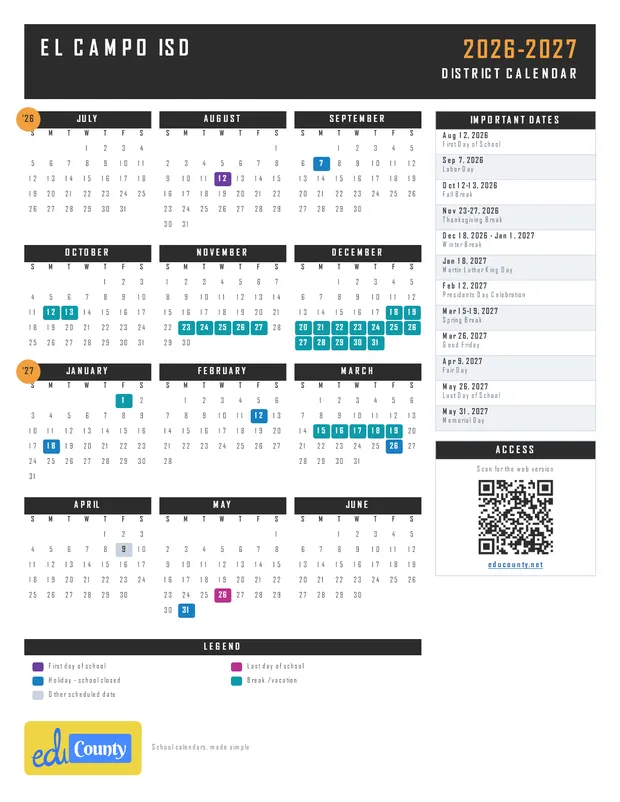El Campo ISD printable 2026-27 calendar