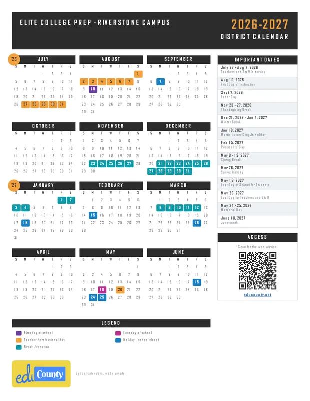 Elite College Prep - Riverstone Campus printable 2026-27 calendar