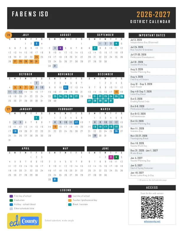 Fabens ISD Independent School District printable 2026-27 calendar
