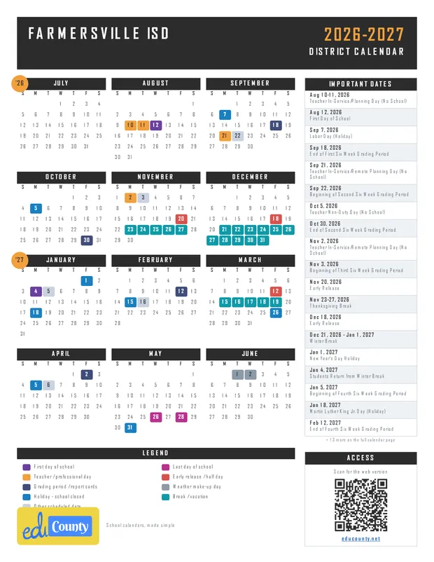 Farmersville ISD printable 2026-27 calendar