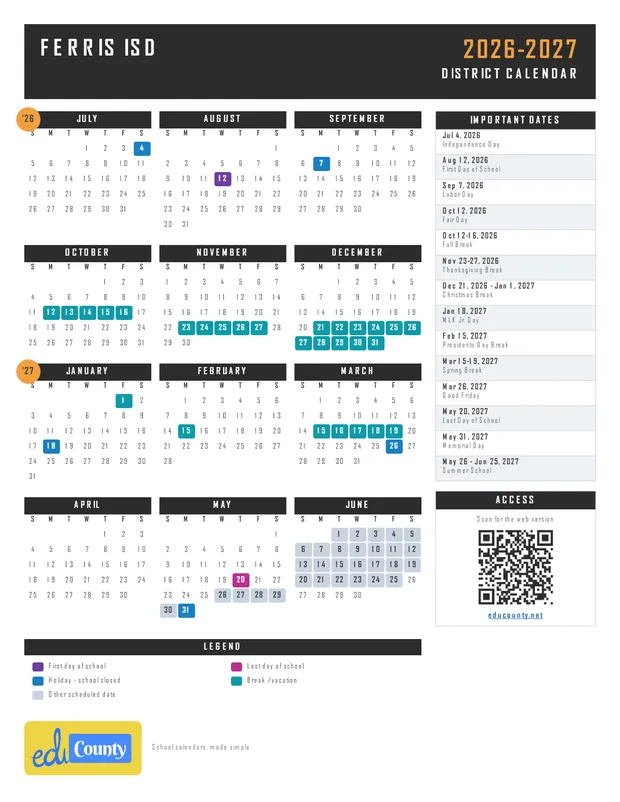 Ferris ISD printable 2026-27 calendar