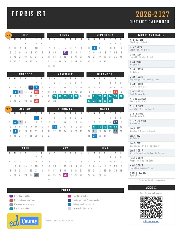 Ferris ISD printable 2026-27 calendar