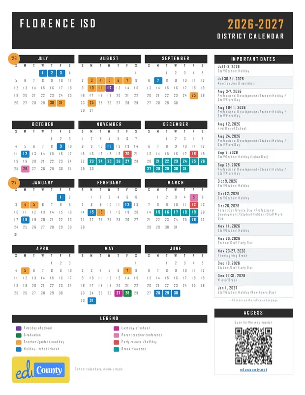Florence Independent School District ISD printable 2026-27 calendar