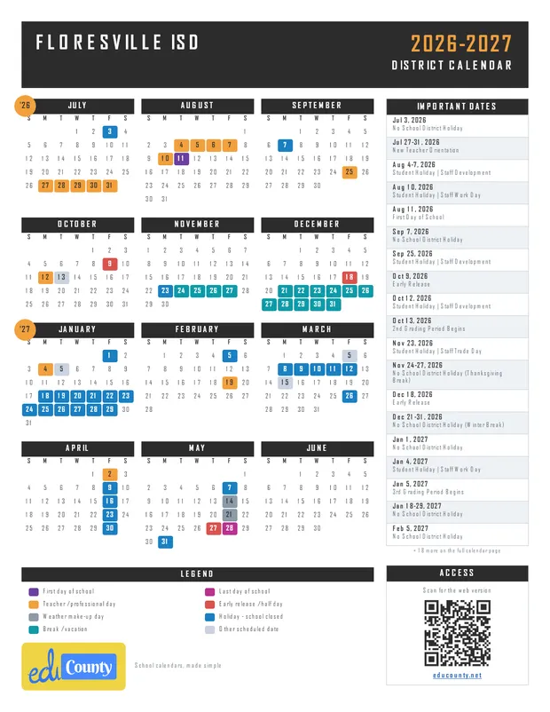 FLORESVILLE ISD printable 2026-27 calendar