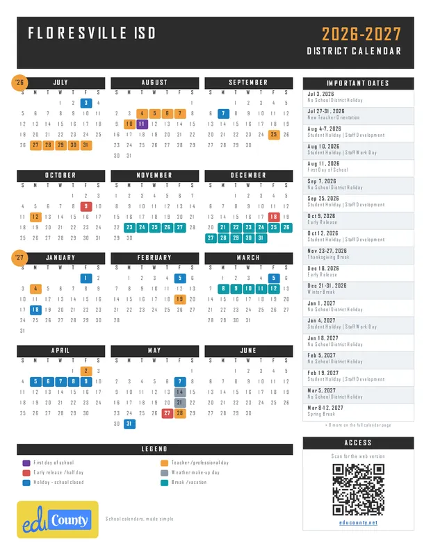 Floresville ISD printable 2026-27 calendar