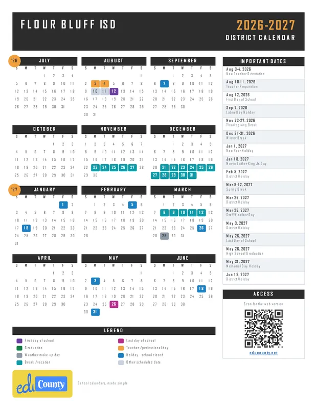 Flour Bluff ISD printable 2026-27 calendar