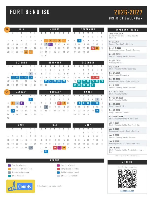 Fort Bend isd printable 2026-27 calendar