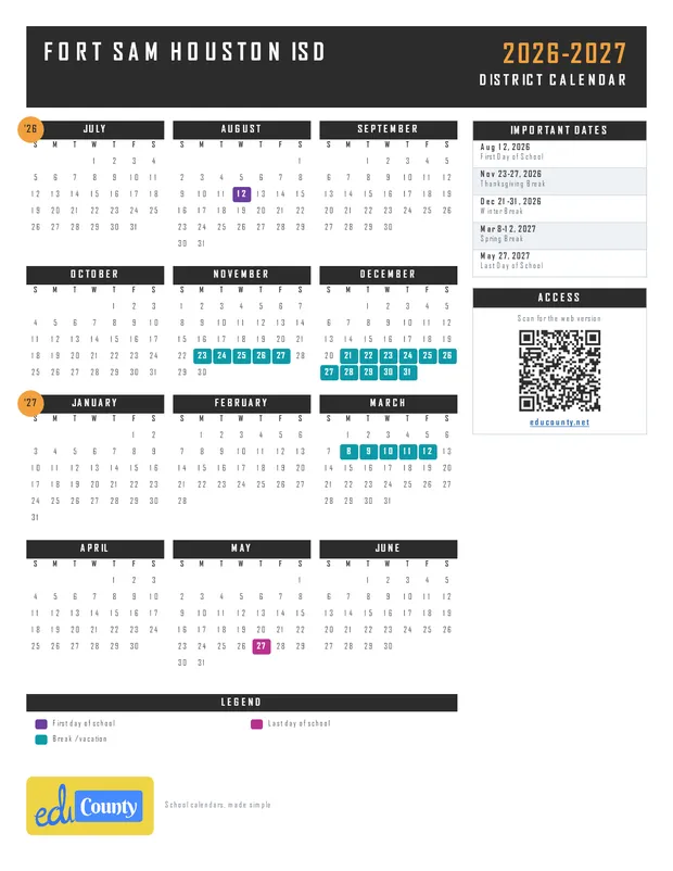 Fort Sam Houston ISD printable 2026-27 calendar