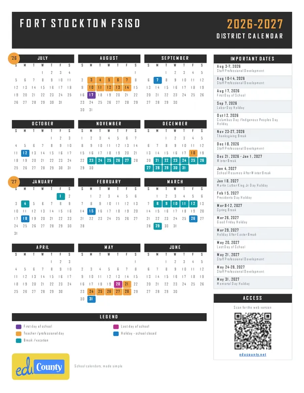 Fort Stockton FSISD printable 2026-27 calendar