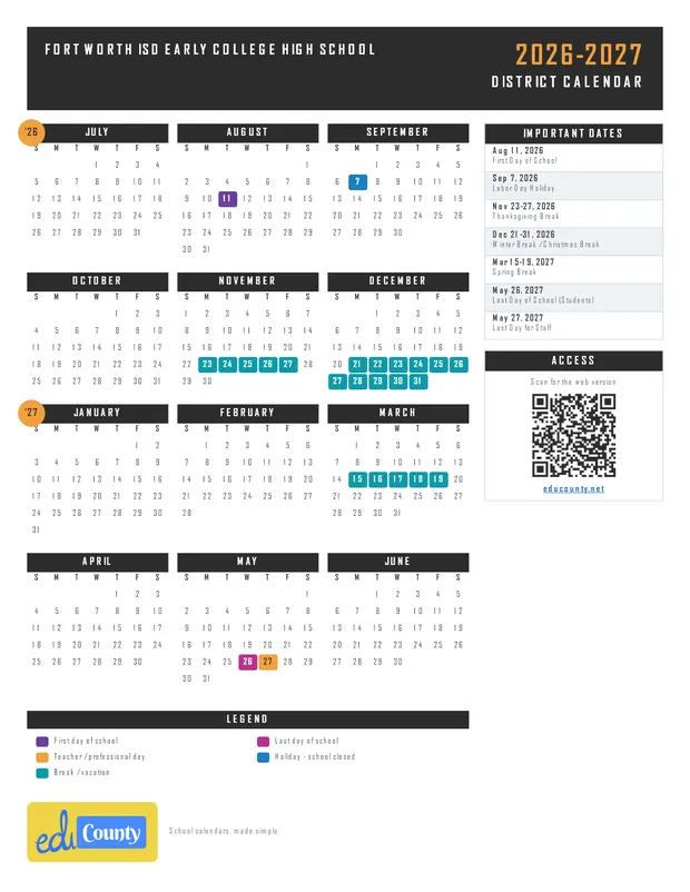 Fort Worth ISD Early College High School printable 2026-27 calendar