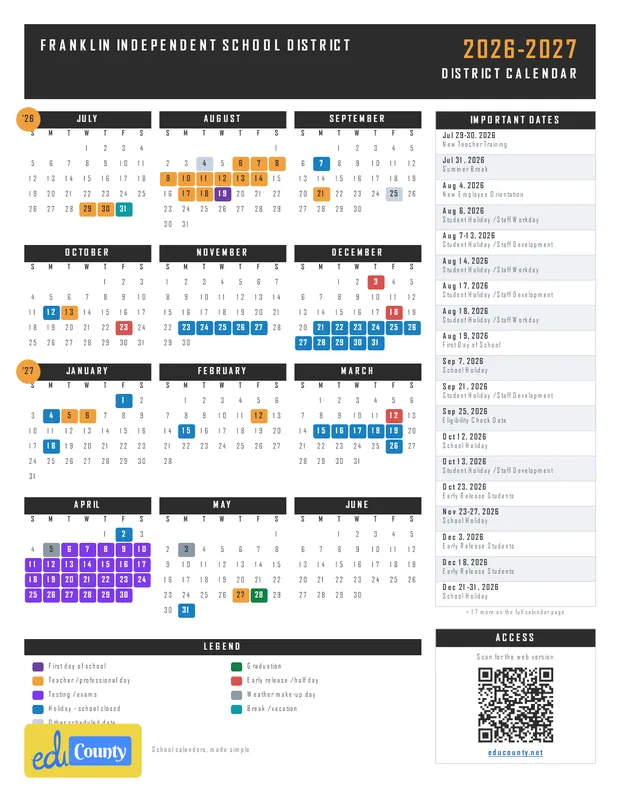 Franklin Independent School District printable 2026-27 calendar