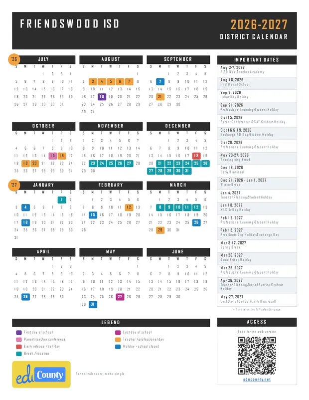 Friendswood ISD Independent School District printable 2026-27 calendar