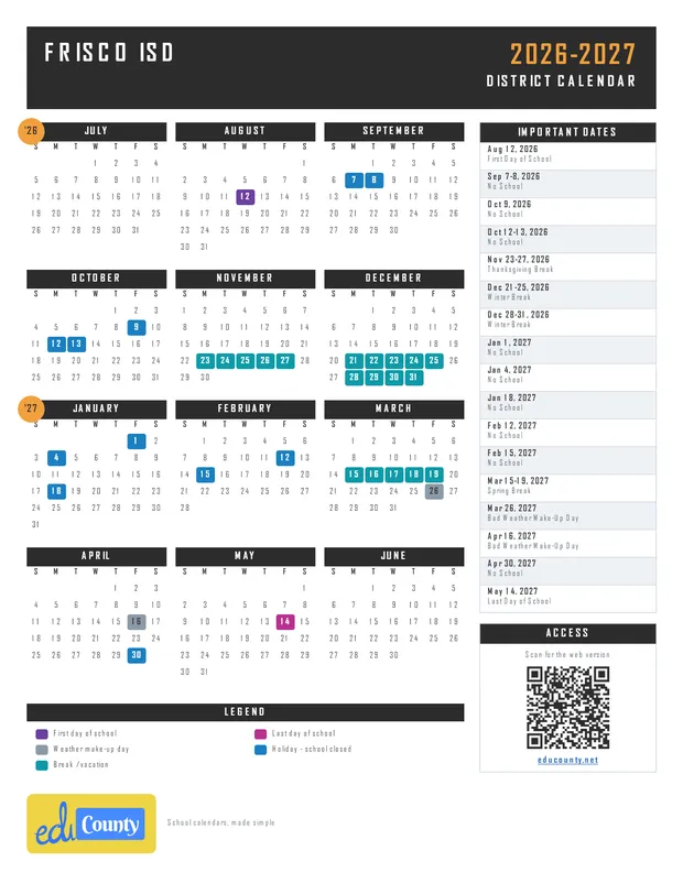 Frisco ISD Independent School District printable 2026-27 calendar