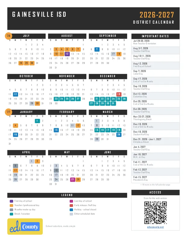 Gainesville ISD printable 2026-27 calendar