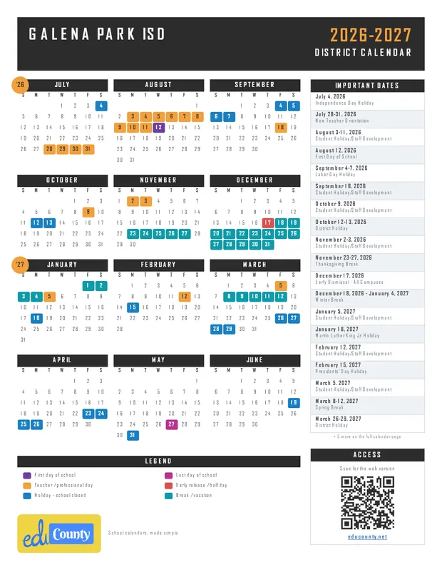 Galena Park ISD printable 2026-27 calendar