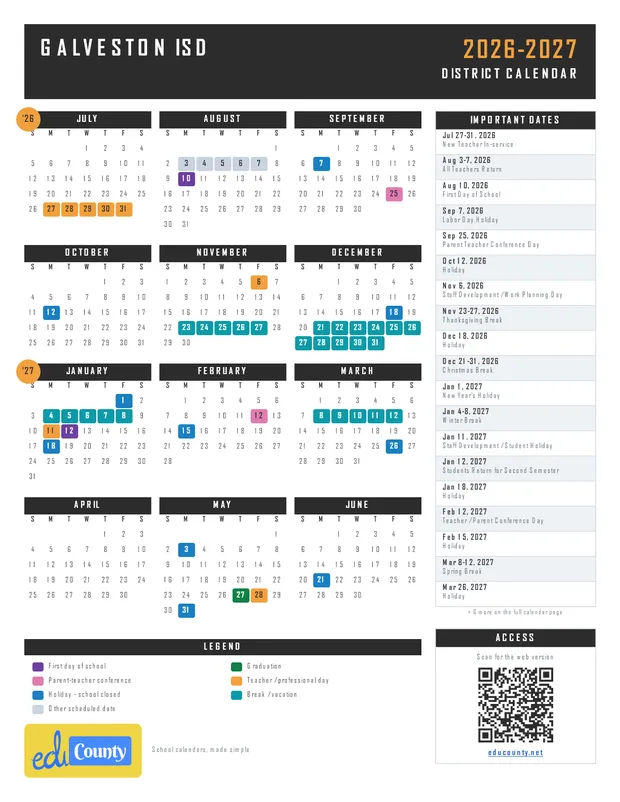 Galveston ISD printable 2026-27 calendar
