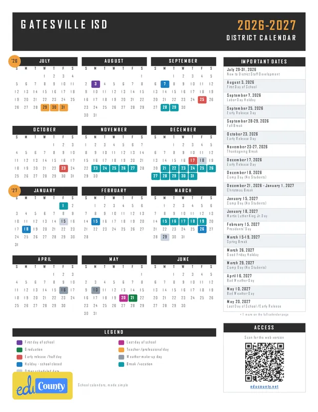 Gatesville ISD Independent School District printable 2026-27 calendar