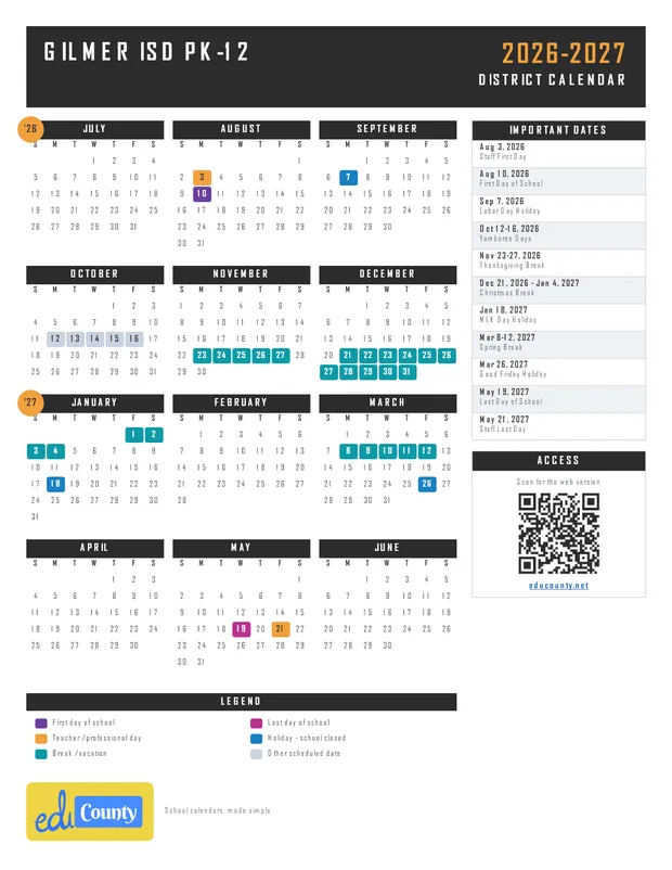 Gilmer ISD PK-12 printable 2026-27 calendar