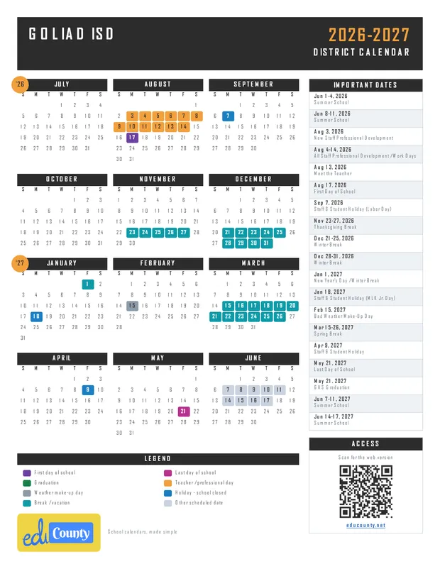 Goliad ISD printable 2026-27 calendar