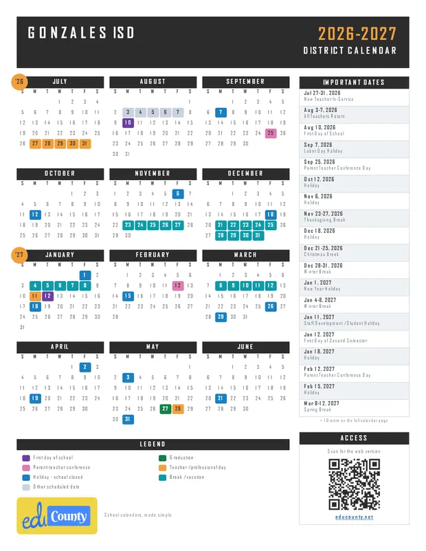 Gonzales ISD printable 2026-27 calendar