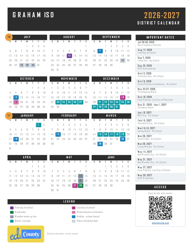 Graham ISD printable 2026-27 calendar