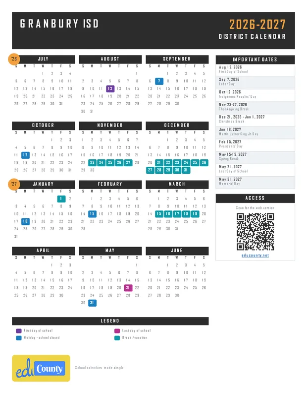 Granbury ISD printable 2026-27 calendar